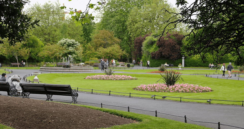A serene park featuring a bench beside a central fountain, surrounded by lush greenery and open space.